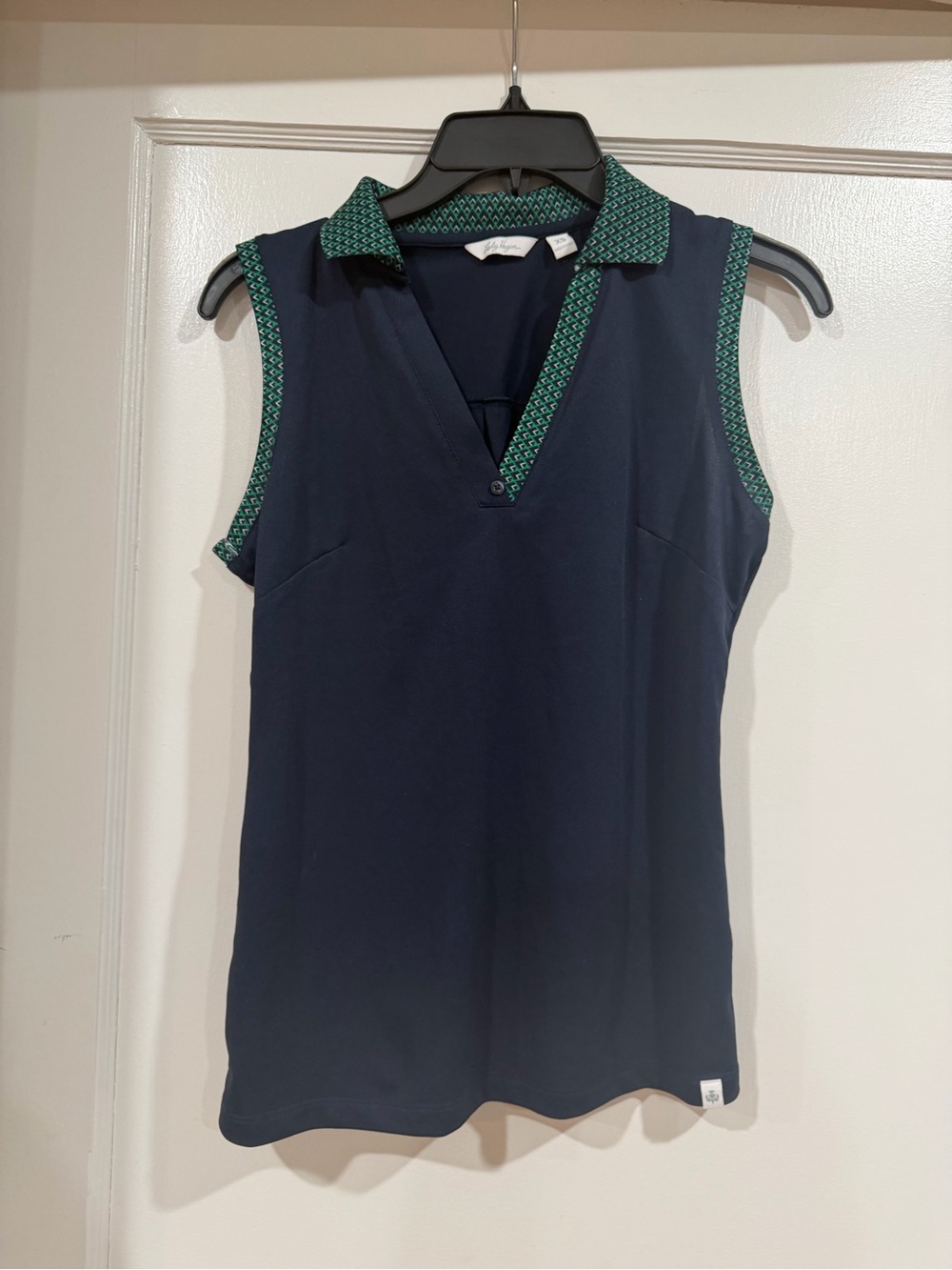 Sleeveless Navy Camisole with Green Patterned Trim